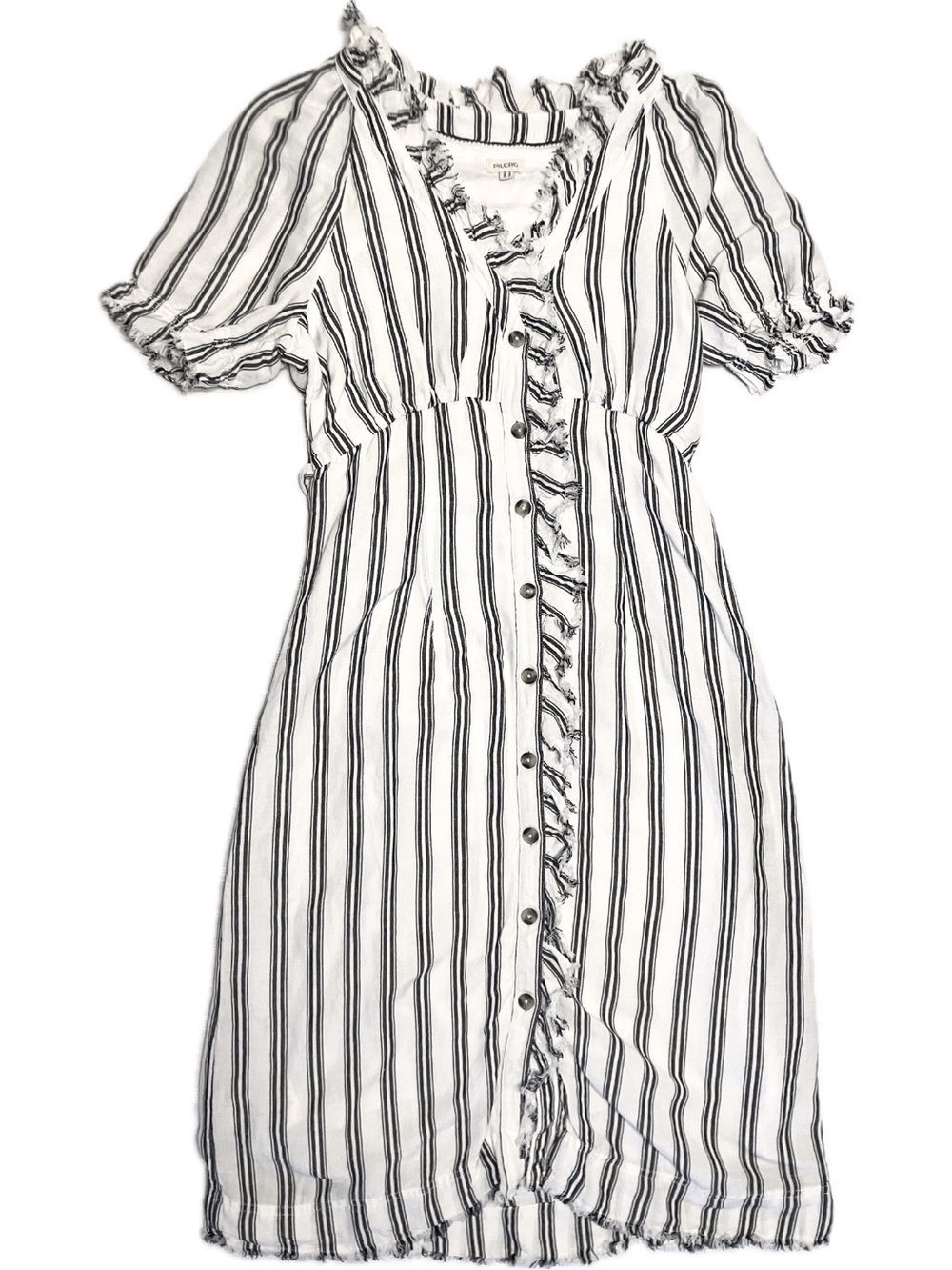 Pilcro Black and White Striped Ruffle-Trim Button Midi Dress